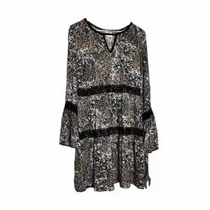 New Knox Rose Dress L Brown Paisley Print Velvet Trim Bell Sleeve Cottage Core